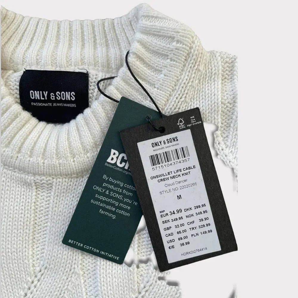 Only & Sons Mens Crewneck Cable Knit Sweater Cloud Dancer Size M NWT - Picture 5 of 9